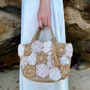 Handcrafted Floral Straw Tote Bag - Tan and Cream